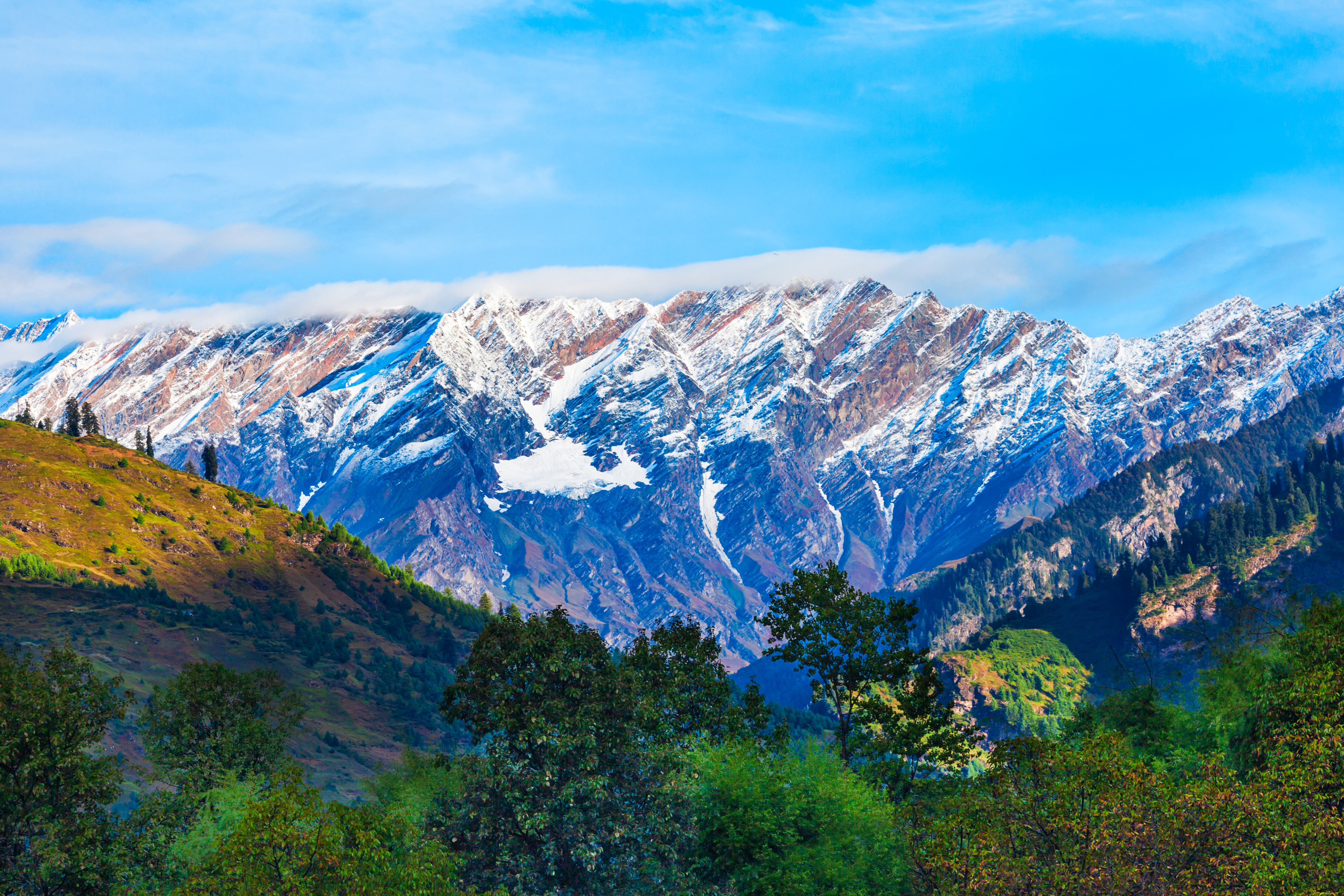 Beautiful snowy mountain landscape under a clear blue sky